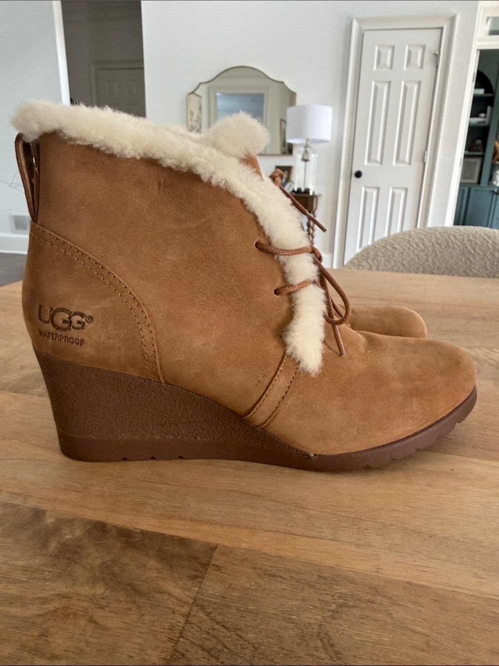 UGG Chestnut Lace-Up Wedge Ankle Boots with Shearling Trim